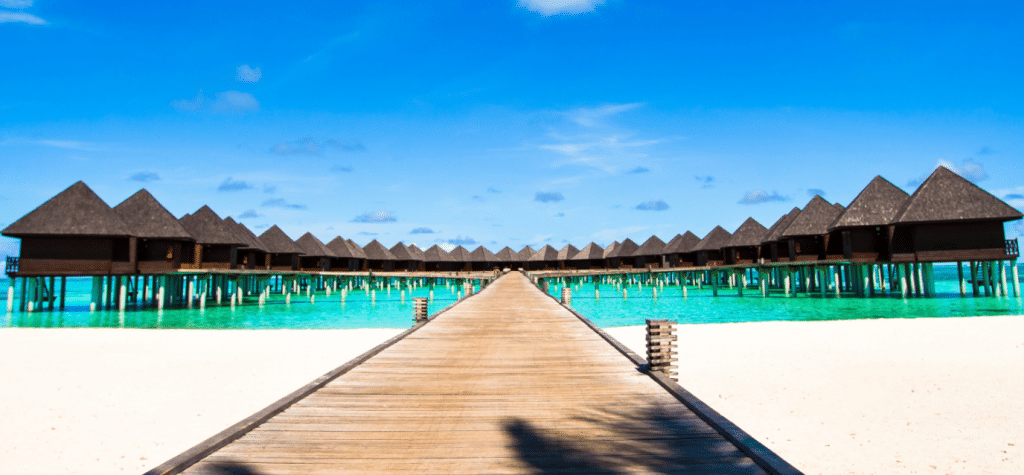 Water-bungalows-wooden-jetty-turquoise-water-Maldives