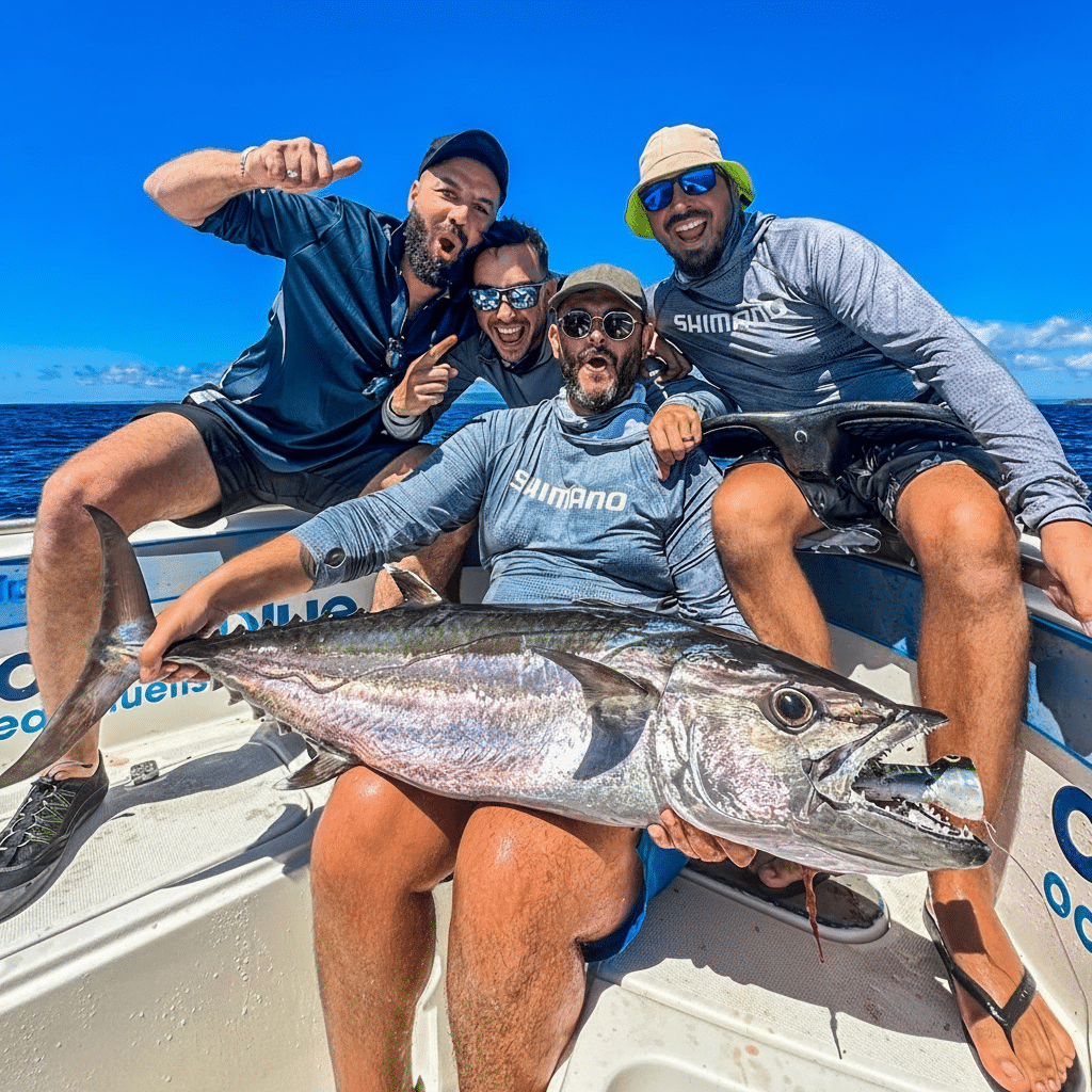 4 happy customers crowded around a big Dogtooth tuna.
