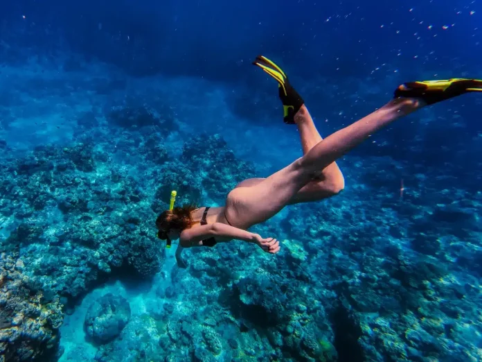 Snorkeller free-diving over a vibrant coral reef in clear blue tropical water, wearing fins and a snorkel mask.