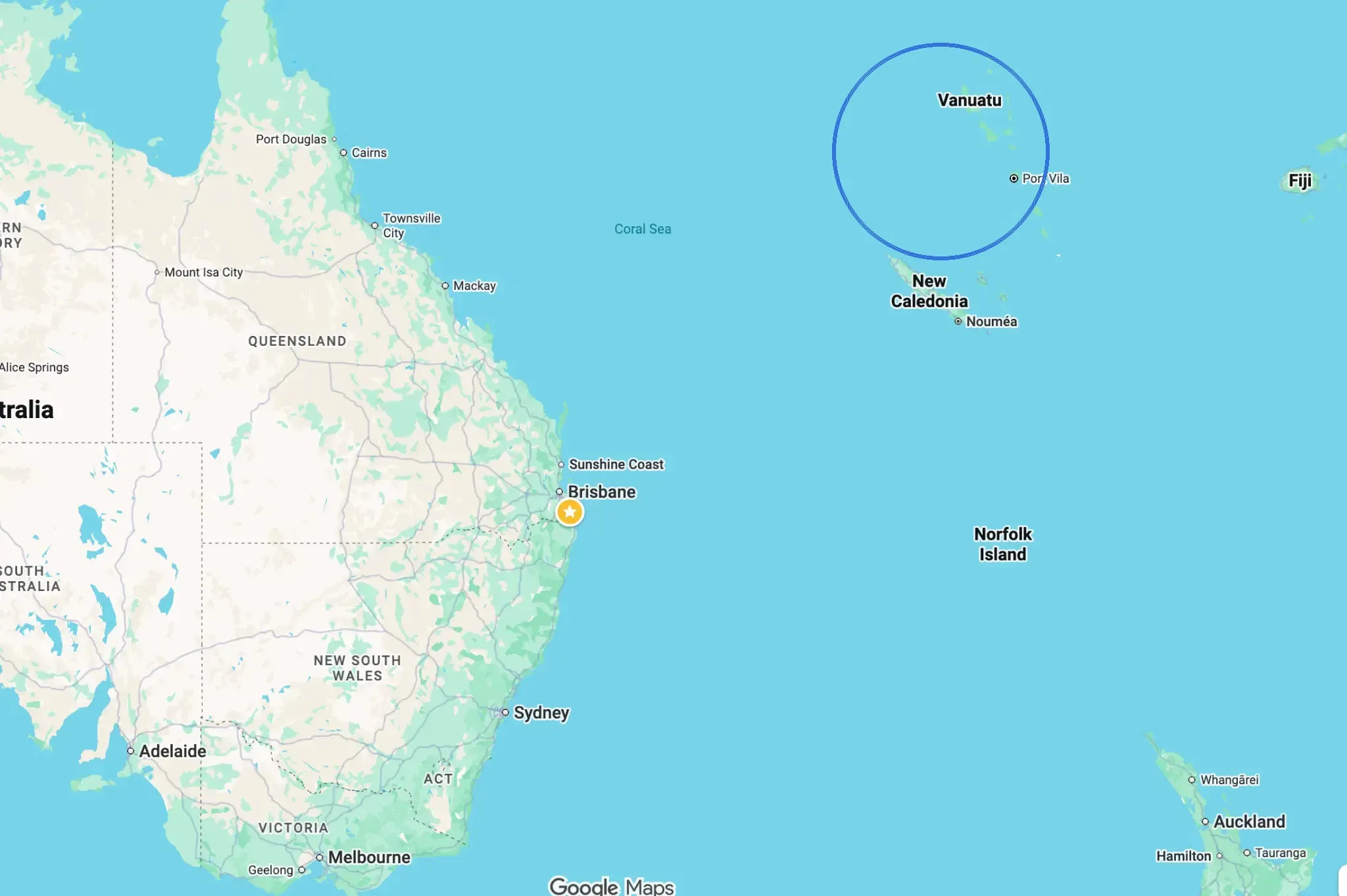 Map showing the location of Vanuatu in the South Pacific, east of Australia and near New Caledonia, with Port Vila marked.