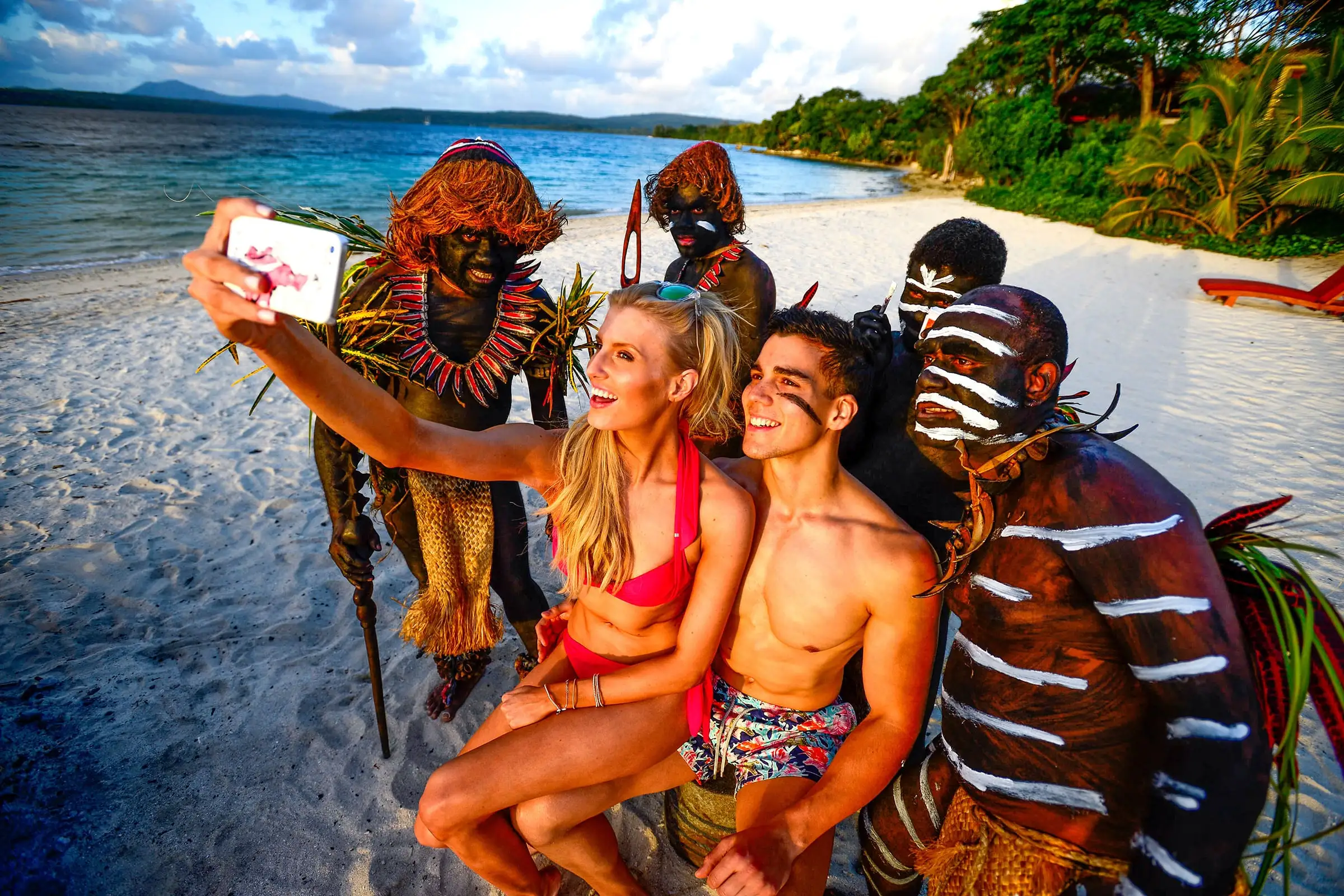 Vanuatu Attractions Group selfie with the sea snake dancers of Banks Island Hero