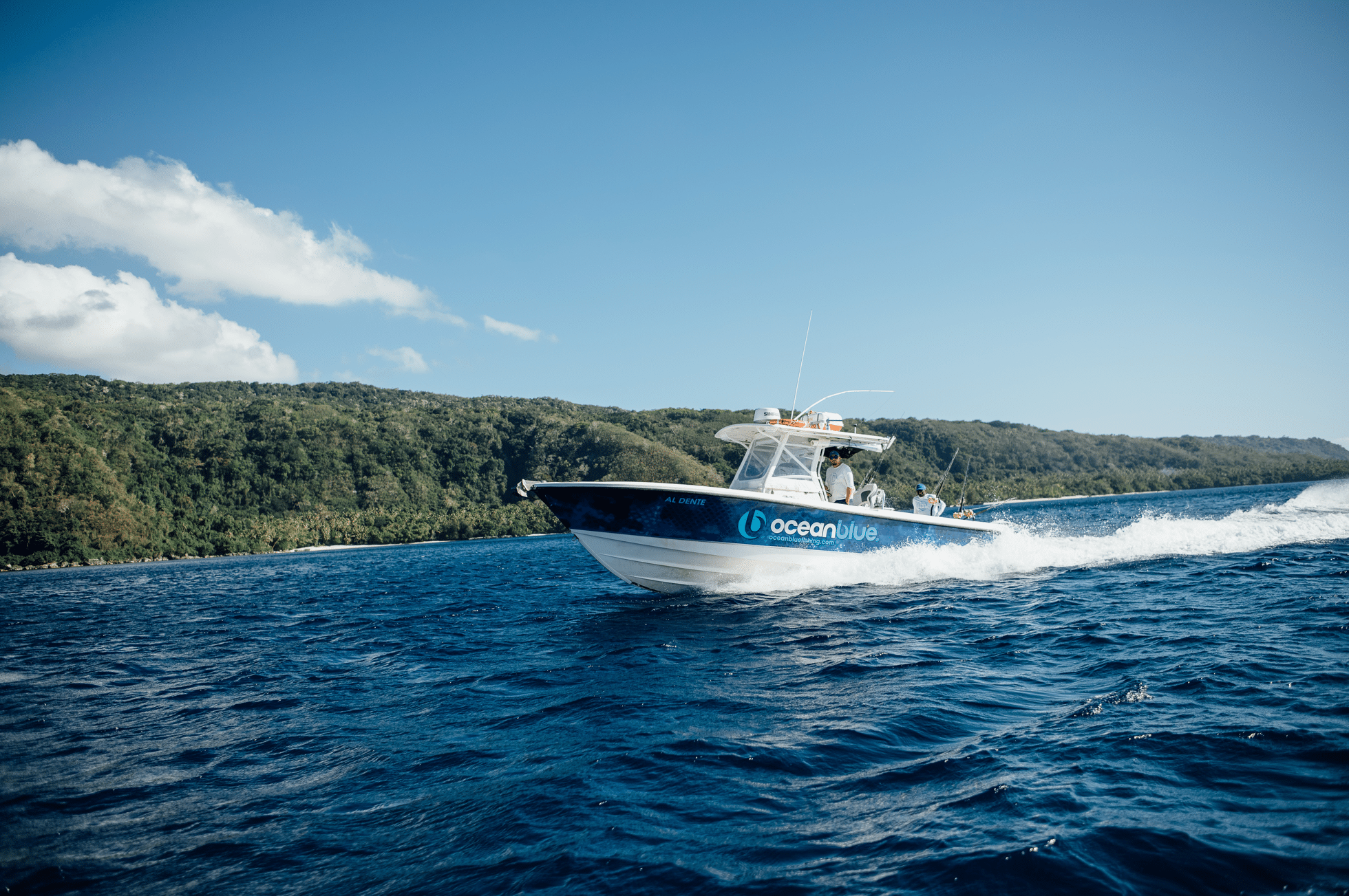 Fishing boat in Vanuatu waters with anglers experiencing fishing adventure